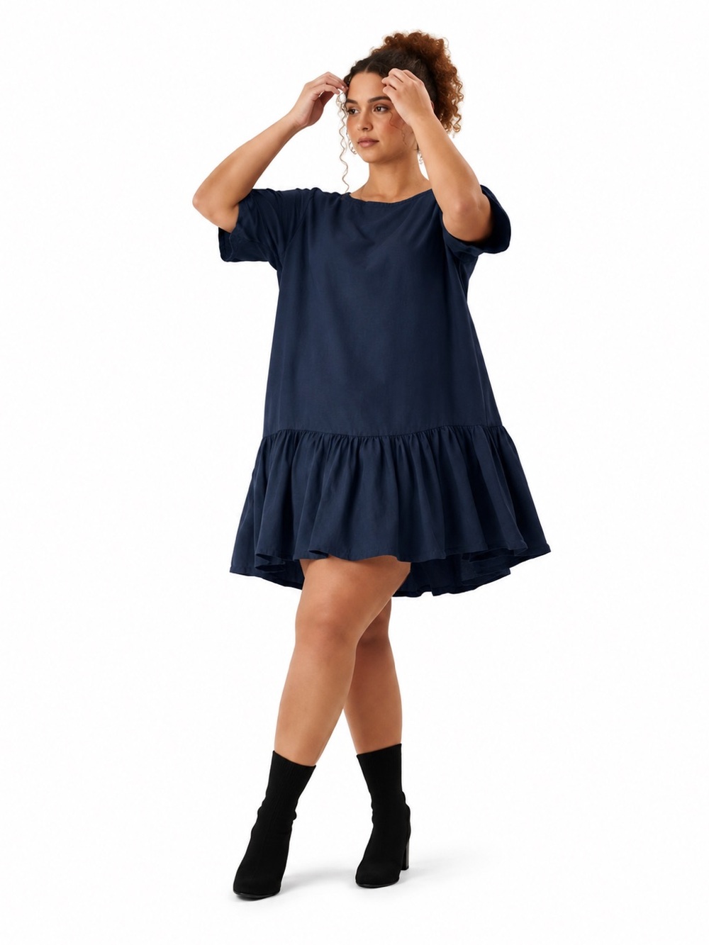Emma Knudsen Lauren Dress Navy Linen Blend Ruffle Hem Oversized XXS (XS-Sm) - Picture 1 of 11